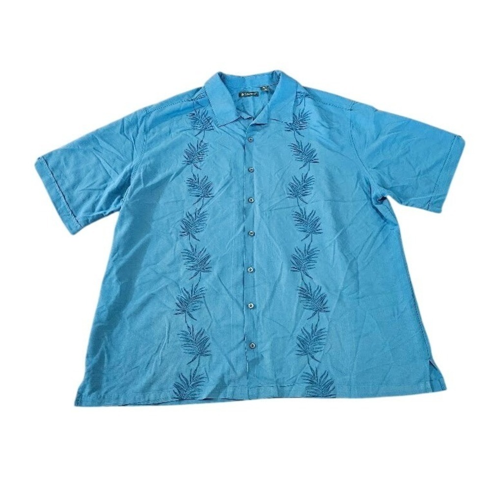 Cubavera Shirt Mens 3XLT Blue Short Sleeve Leaf Embroidered Guayabera Style